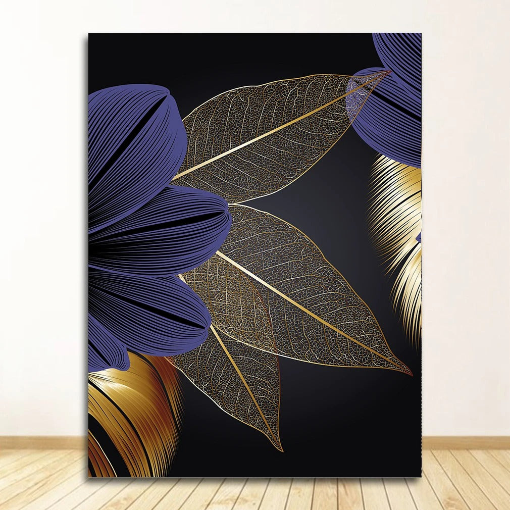 Poster de Tela com Folha de Planta em Preto e Dourado Rhovella Maison