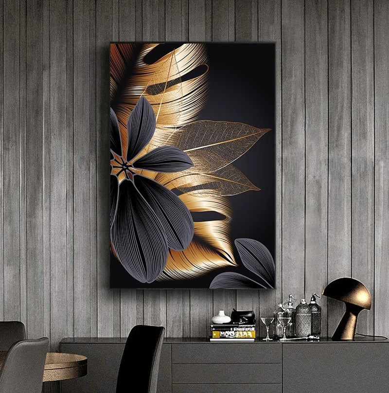 Poster de Tela com Folha de Planta em Preto e Dourado Rhovella Maison