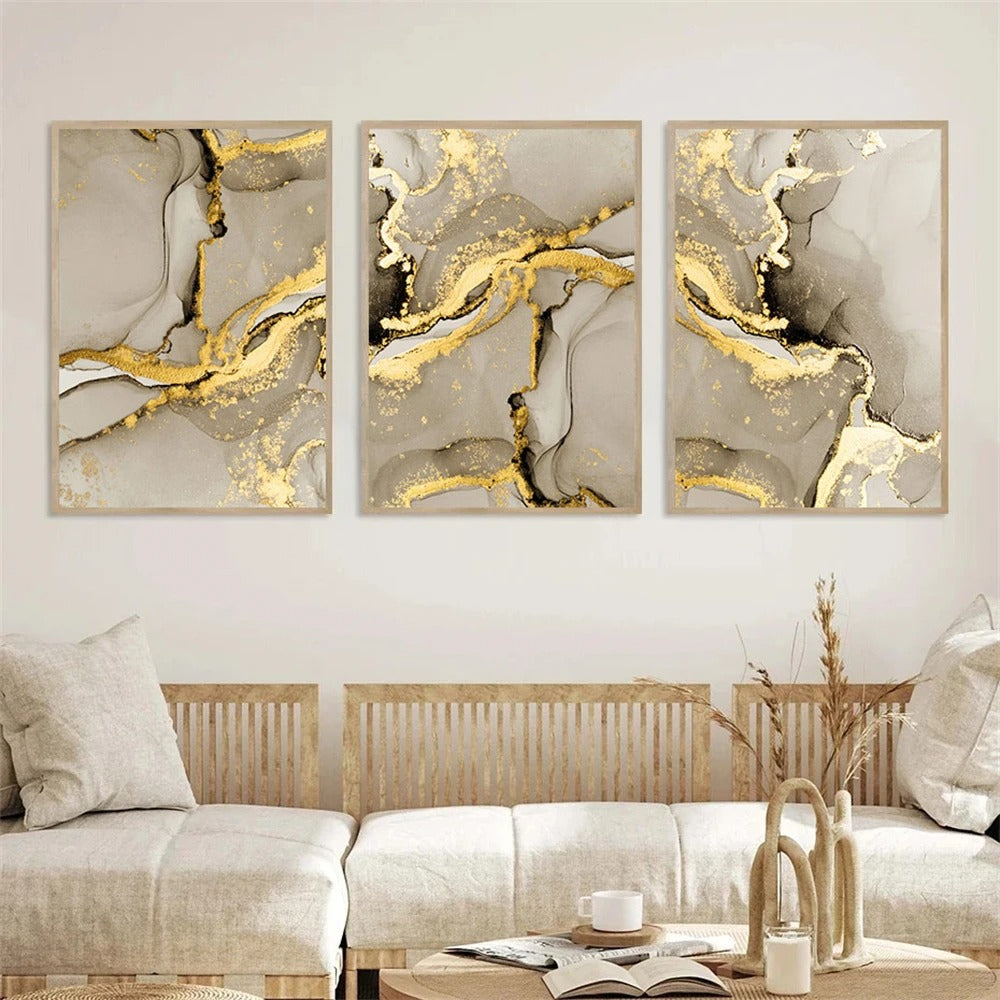 Pintura Abstrata de Mármore Bege e Dourado Rhovella Maison