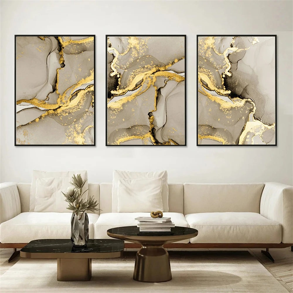 Pintura Abstrata de Mármore Bege e Dourado Rhovella Maison