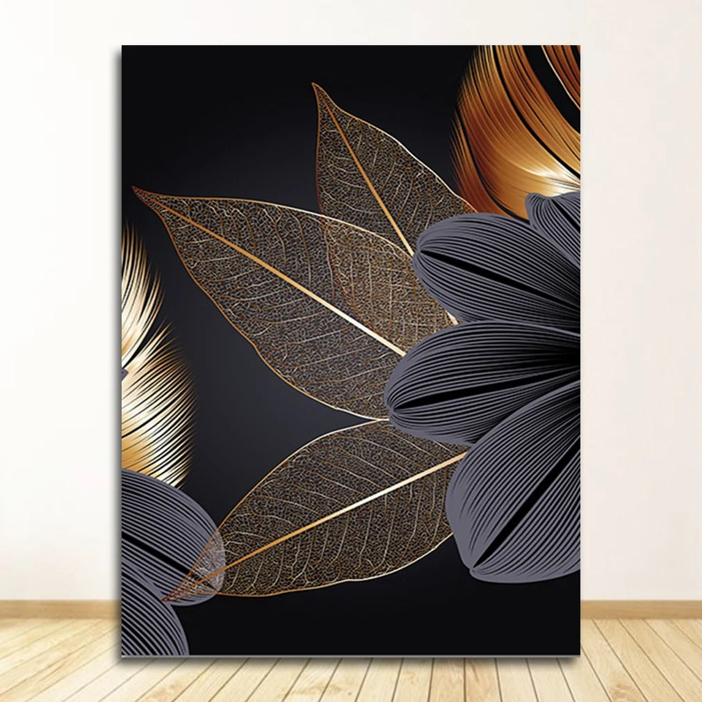 Poster de Tela com Folha de Planta em Preto e Dourado Rhovella Maison